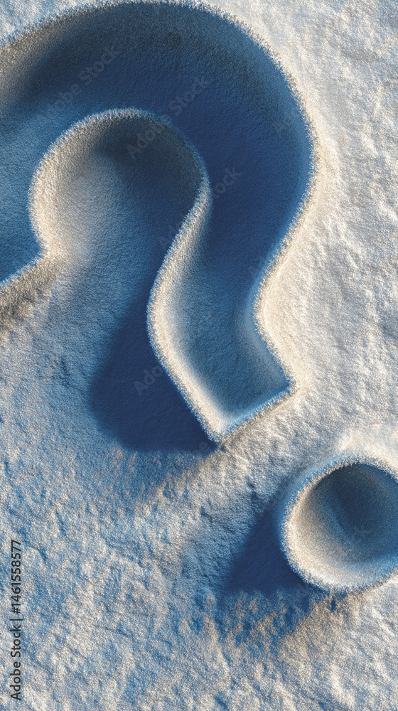 Poster textured blue and white question mark formed from fluffy material, suggesting uncertainty or inquiry