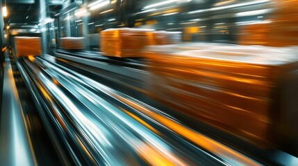 Production line with wrapped boxes in motion