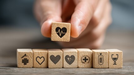 Wooden cube with healthcare icon in hand, representing the importance of health insurance and medical coverage