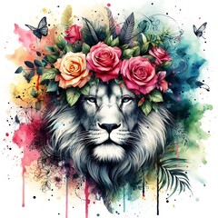 Artistic Portrait of a Noble Lion with Crown and Floral Elements, Expressed in Vibrant Watercolor and Ink Splashes