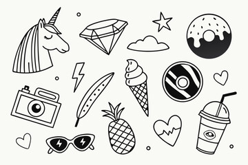 101 Doodle art, black and white illustrations, hand-drawn icons, pop culture symbols, whimsical designs, emoji-style, random objects, trendy elements, diverse icons, unicorn, diamond, cloud, lightning