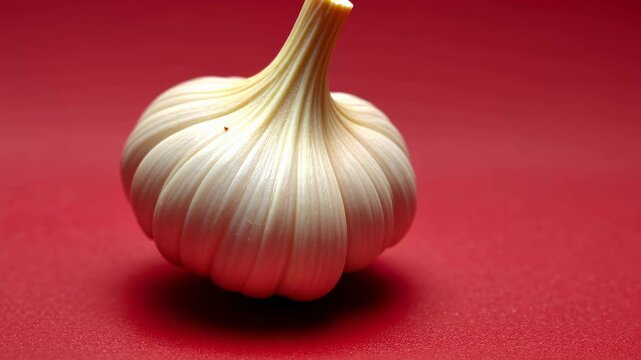 Macro of whole garlic bulb on red background.
