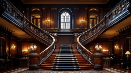 Grand, ornate, dark wooden staircase in a magnificent mansion.