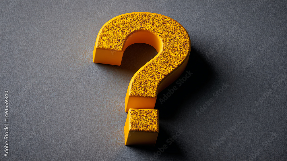 Poster yellow textured question mark on gray background, symbolizing inquiry, uncertainty, or problem-solvi