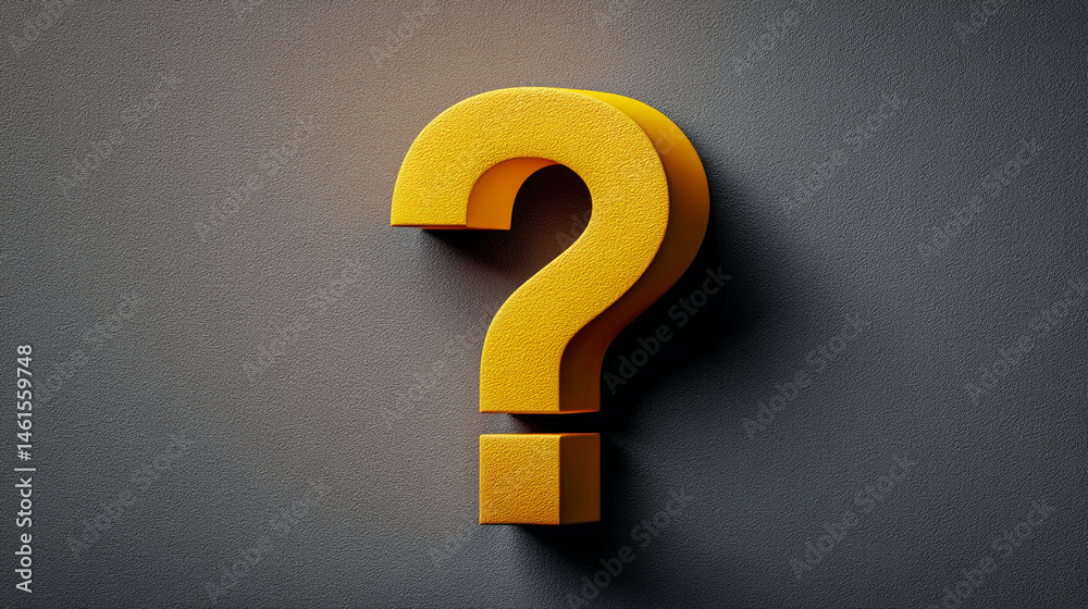 Poster yellow question mark on dark gray textured background, representing inquiry, doubt, or the search fo