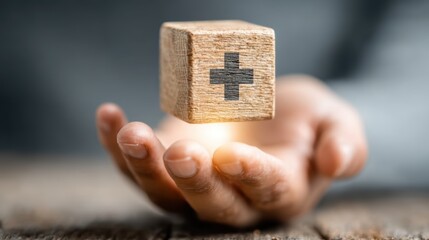 Concept of health insurance: hand holding wooden cube with medical symbol, promoting healthcare services