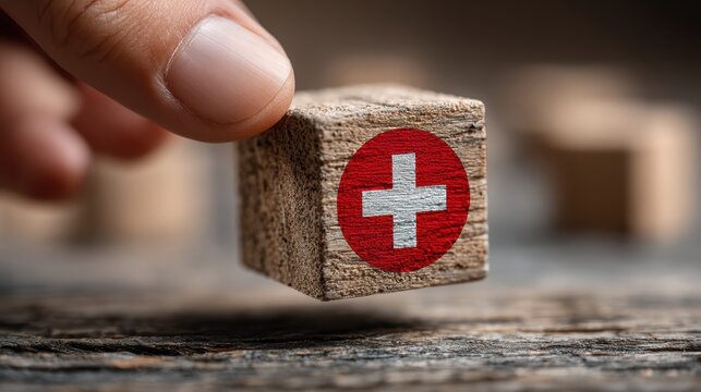 Concept of health insurance: hand holding wooden cube with medical symbol, promoting healthcare services
