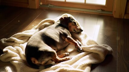 A peaceful dog sleeping on a cozy blanket in a sunlit room with wooden floors and warm ambiance - dotson mix | dachshund mix