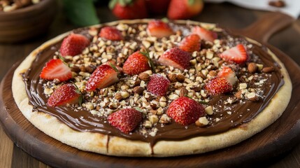 A unique dessert pizza topped with Nutella, fresh strawberries, and crushed hazelnuts