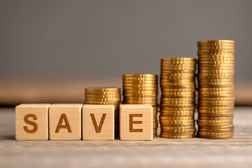Financial Growth and Savings—Stacks of Gold Coins with 'SAVE' Wooden Blocks for Wealth Building and Investment Concepts
