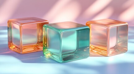Three translucent cubes in pastel colors, presented on a surface.