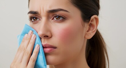 Woman applying cold compress to her face with an anxious expression  