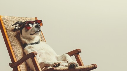 A charming dog with sunglasses lounges comfortably on a wooden deck chair in a studio setting, embodying relaxation and summertime vibes.