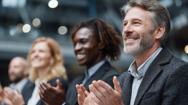 Team of business professionals clapping together in a row, with corporate banner behind - Powered by Adobe