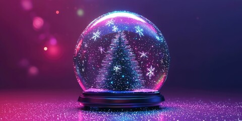 A futuristic snow globe with neon flakes and cyber-pine tree.