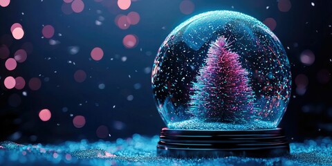 A futuristic snow globe with neon flakes and cyber-pine tree.