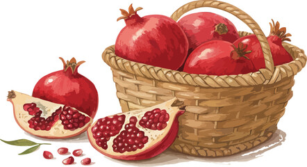 Pomegranate in basket with Pomegranate slice in white background vector design, Pomegranate Illustration vector design