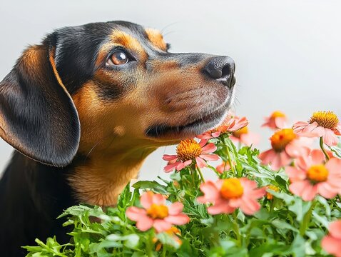 A tan and black dachshund mix looks attentively to the side while standing near a pot of vibrant pink and orange zinnia flowers indoors.
