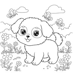 Adorable Puppy in a Blooming Garden Coloring Page