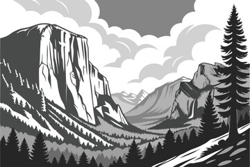 102 Black and white landscape photography, Yosemite National Park, El Capitan, Half Dome, dramatic clouds, majestic mountains, towering cliffs, dense pine forest, rugged terrain, scenic vista, high co