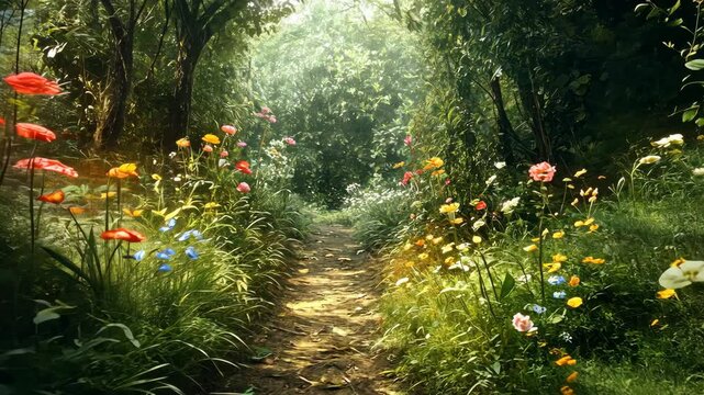Floral Path Sunlit trail through wildflowers and lush green trees, nature's beauty