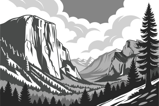 102 Black and white landscape photography, Yosemite National Park, El Capitan, Half Dome, dramatic clouds, majestic mountains, towering cliffs, dense pine forest, rugged terrain, scenic vista, high co