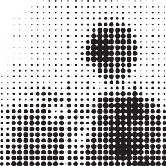 A grayscale portrait emerges from a dense field of scattered circles.