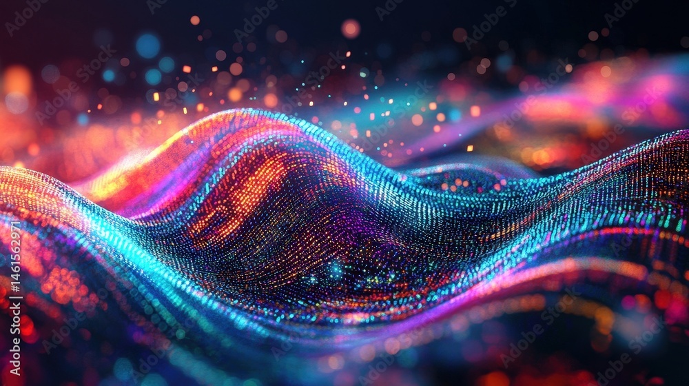 Wall mural a vibrant abstract representation of digital data flow, with multicolored waves moving through cyber