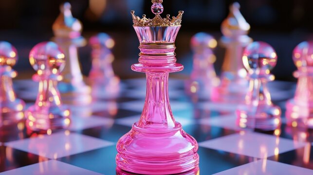A vibrant pink queen chess piece, center stage, surrounded by other translucent pieces