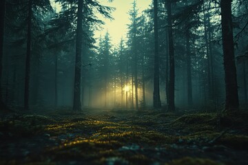 Obraz premium Misty forest at dawn, towering pines rise through golden fog, moss carpets ground, spider webs glisten with droplets, brook babbles softly in untouched peace.