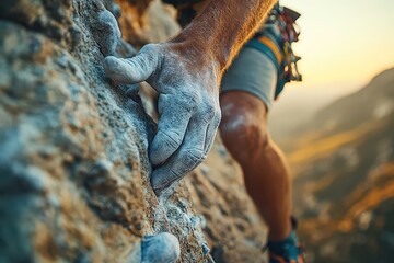  Rock climber clings to steep cliff at sunset, chalked fingers grasp jagged stone, scraped knees press hard, golden valley spreads below, breathless tension lingers.