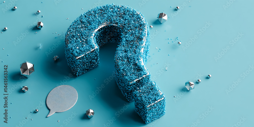 Poster blue glitter question mark on turquoise background, surrounded by silver geometric shapes and speech
