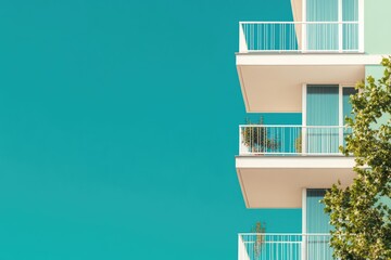 Fototapeta premium Building Facade with Balcony and Blue Sky