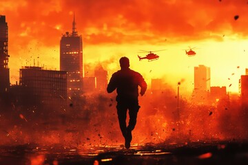 Secret agent runs across rooftop at twilight, silhouette cuts against orange sky, helicopters circle above, broken glass crunches underfoot, city skyline looms hazy and tense.