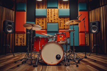  Gleaming drum set in vibrant recording studio, bold red shells and chrome accents shine under studio lights, polished floors, colorful panels create bright backdrop.