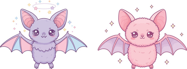 Obraz premium Two Cute Cartoon Vampire Bats with Pastel Wings