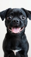 A happy black puggle puppy with big eyes and a bright smile looks directly at the camera with its tongue sticking out on a white background.