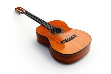 Fototapeta premium Wooden classical guitar resting on white surface, polished finish and string layout emphasize musical craftsmanship.