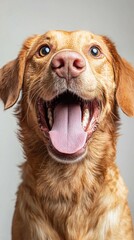 A happy golden retriever dog with an open mouth and tongue sticking out looks directly at the camera against a plain light gray background.