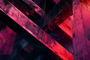 Abstract design of intersecting crimson and dark structures.