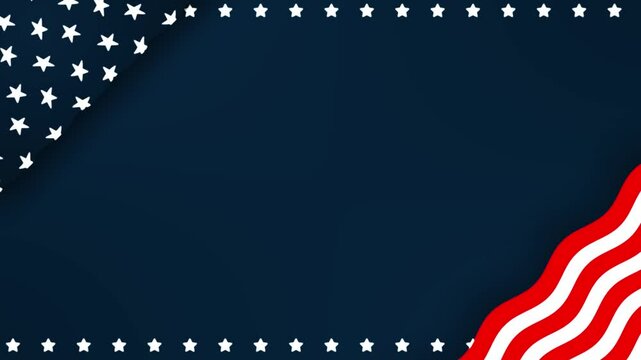American flag with stars, red, white line wave in corners with moving stars top and bottom lines background template animation