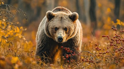Fototapeta premium Majestic brown bear in a golden autumn forest.