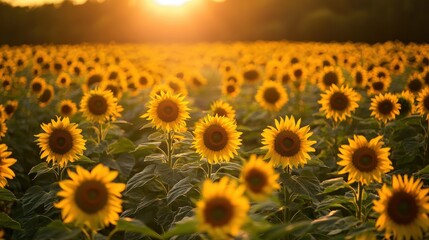 Fototapeta premium vibrant field of sunflowers stretching to the horizon, their golden petals glowing under the warm sunlight.