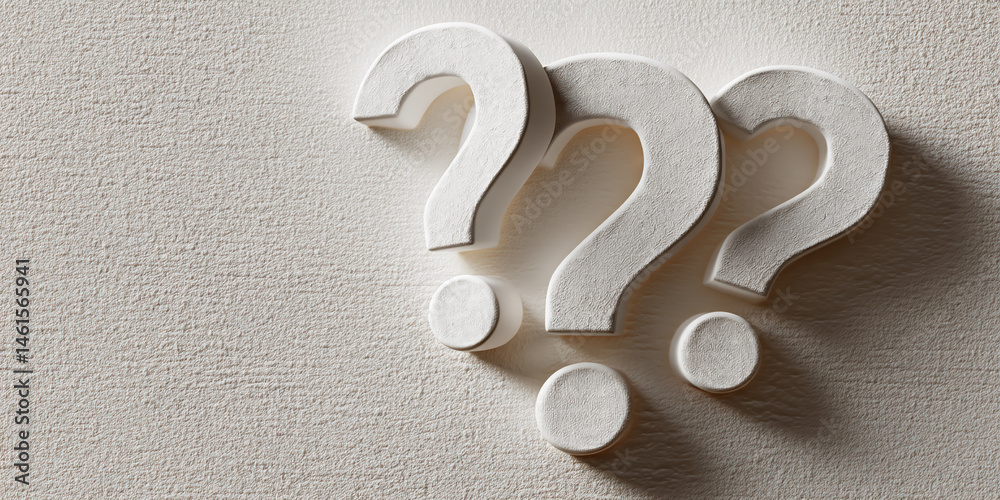 Poster three white question marks on textured beige background, symbolizing inquiry, uncertainty, or faq co