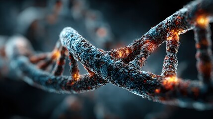 Close-up of blue chromosome DNA with glowing flicker light, representing heredity and genetic health in a 3D science concept
