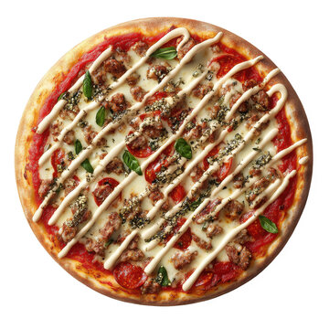 Overhead shot of a pizza with tomato sauce sausage pepperoni basil and a creamy white drizzle topping