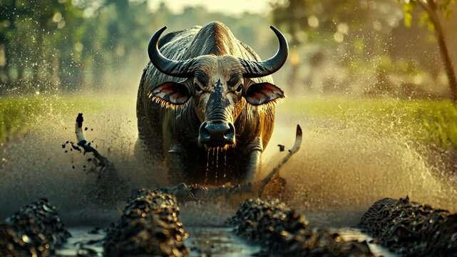 Powerful water buffalo charging through muddy field