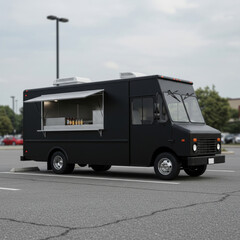 Black food truck parked in a parking lot. Stylish, modern food truck with a food prep area. Business owner, food vendor, outdoor dining location. parking lot.