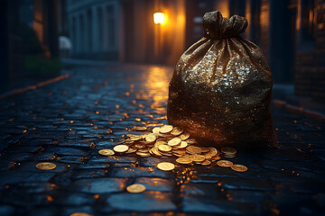 Golden treasure bag on a cobblestone street at night.