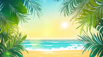 summer-themed vector with tropical palm leaves, bright sunlight, and ocean waves